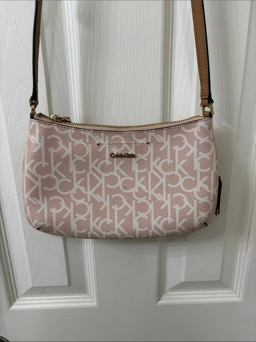 Calvin Klein Pink Logo Monogram Crossbody with Tan Strap